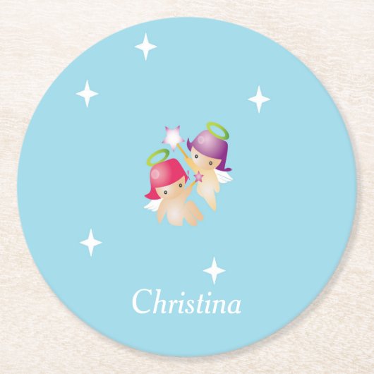 Aangepaste naam schattige engelen op blauw ronde kartonnen onderzetter (Voorkant)