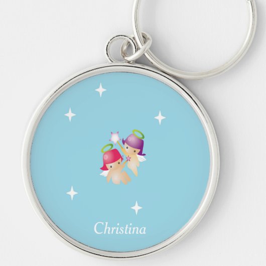 Aangepaste naam schattige engelen op blauw sleutelhanger (Voorkant)