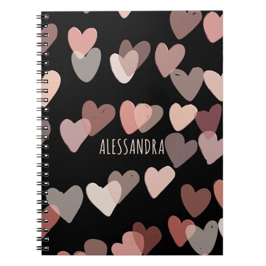 Aangepaste naam schattige harten patroon zwart blu notitieboek (Voorkant)