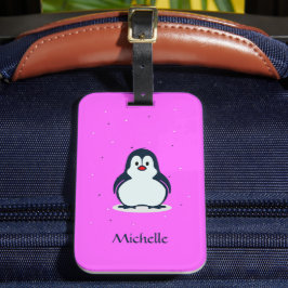 Aangepaste naam schattige pinguïn op roze bagagelabel