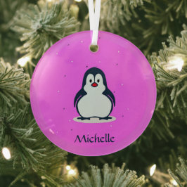 Aangepaste naam schattige pinguïn op roze glas ornament