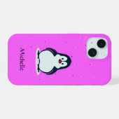 Aangepaste naam schattige pinguïn op roze iPhone 15 case (Achterkant horizontaal)