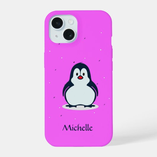 Aangepaste naam schattige pinguïn op roze iPhone 15 case (Achterkant)