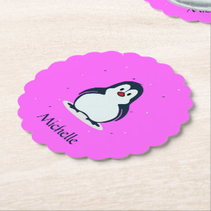 Aangepaste naam schattige pinguïn op roze kartonnen onderzetters