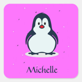 Aangepaste naam schattige pinguïn op roze vierkante sticker