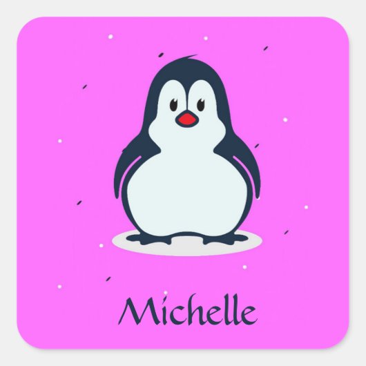Aangepaste naam schattige pinguïn op roze vierkante sticker (Voorkant)