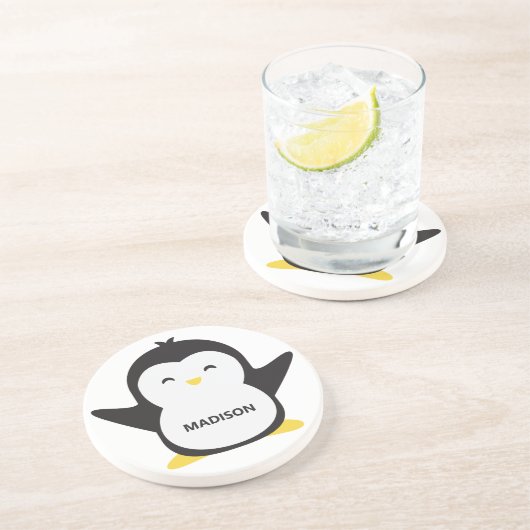 Aangepaste naam schattige pinguïn zandsteen onderzetter (Zijkant)