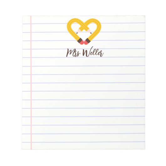 Aangepaste Naam Schattige Potlood Hart Leraar Waar Notitieblok (Voorkant)
