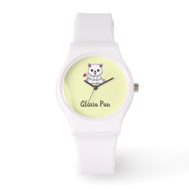 Aangepaste naam schattige witte kat op geel horloge (Voorkant)