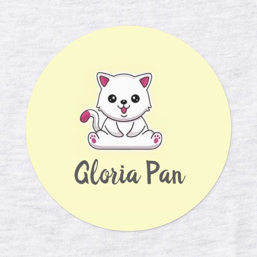 Aangepaste naam schattige witte kat op geel labels (Design 2)