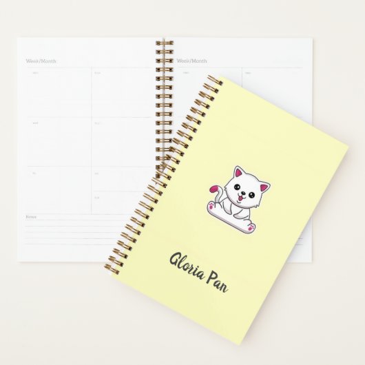 Aangepaste naam schattige witte kat op geel planner (Display)