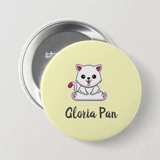 Aangepaste naam schattige witte kat op geel ronde button 7,6 cm (Voorkant /achterkant)