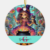 Aangepaste naam Schattigee grillige heks Halloween Keramisch Ornament (Voorkant)