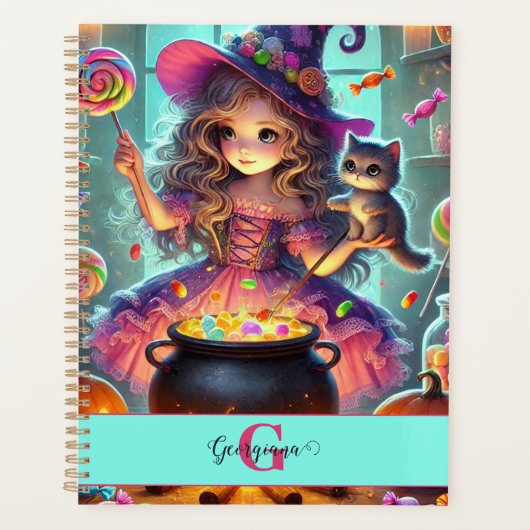 Aangepaste naam Schattigee grillige heks Halloween Planner (Voorkant)