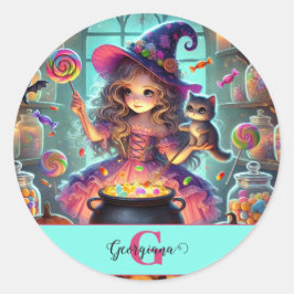Aangepaste naam Schattigee grillige heks Halloween Ronde Sticker