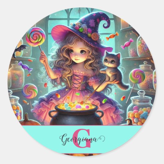 Aangepaste naam Schattigee grillige heks Halloween Ronde Sticker (Voorkant)