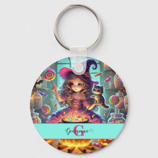 Aangepaste naam Schattigee grillige heks Halloween Sleutelhanger (Voorkant)