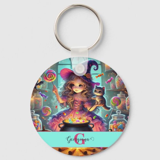 Aangepaste naam Schattigee grillige heks Halloween Sleutelhanger (Achterkant)
