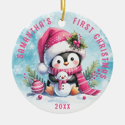 Aangepaste naam Schattigee pinguïn roze eerste ker Keramisch Ornament (Voorkant)
