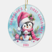 Aangepaste naam Schattigee pinguïn roze eerste ker Keramisch Ornament (Links)