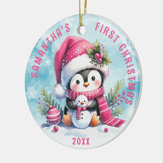 Aangepaste naam Schattigee pinguïn roze eerste ker Keramisch Ornament (Links)