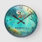 Aangepaste Naam Schattigee Schildpad Oceaan Achter Ronde Klok (Voorkant)