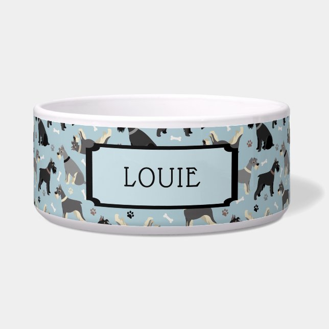 Aangepaste naam Schnauzer Paws en Botten Dog Voerbakje (Voorkant)