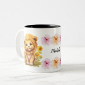 aangepaste naam script bloemen schattige leeuw tek tweekleurige koffiemok (Voorkant links)