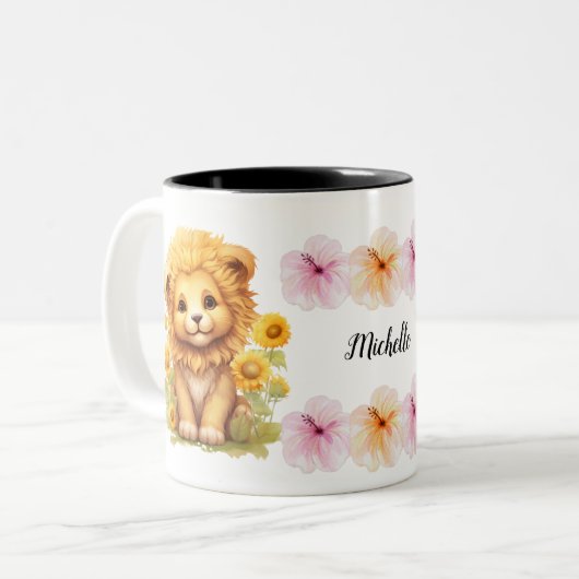 aangepaste naam script bloemen schattige leeuw tek tweekleurige koffiemok (Voorkant links)