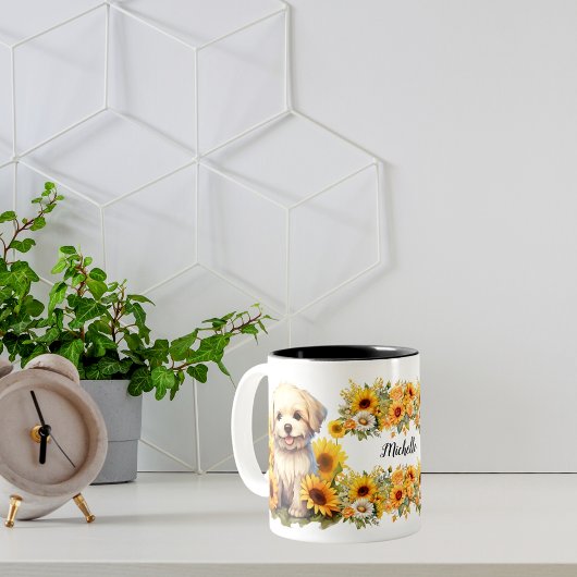 aangepaste naam script bloemen schattige puppy hon tweekleurige koffiemok