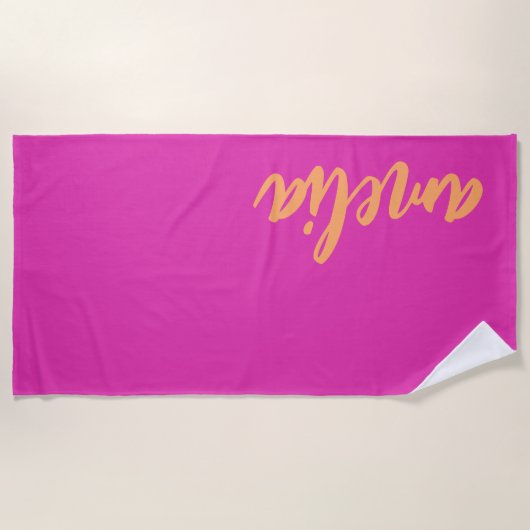 Aangepaste naam script vet magenta sinaasappel strandlaken (Voorkant)