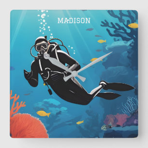 Aangepaste naam Scuba Diver Vierkante Klok