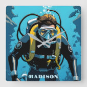 Aangepaste naam Scuba Diver Vierkante Klok (Voorkant)