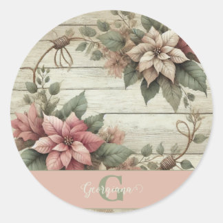 Aangepaste naam Shabby Chic Pastel Poinsettias Gar Ronde Sticker