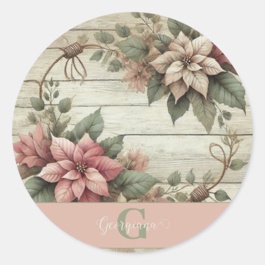 Aangepaste naam Shabby Chic Pastel Poinsettias Gar Ronde Sticker (Voorkant)