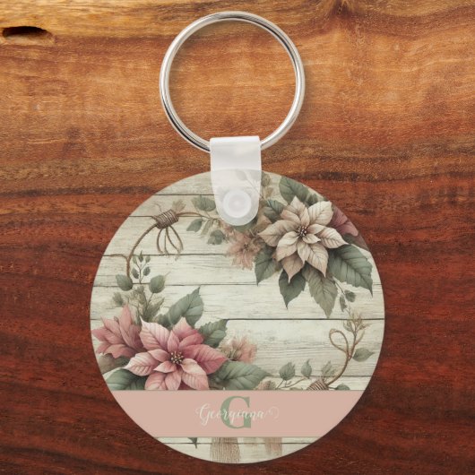 Aangepaste naam Shabby Chic Pastel Poinsettias Gar Sleutelhanger (Voorkant)