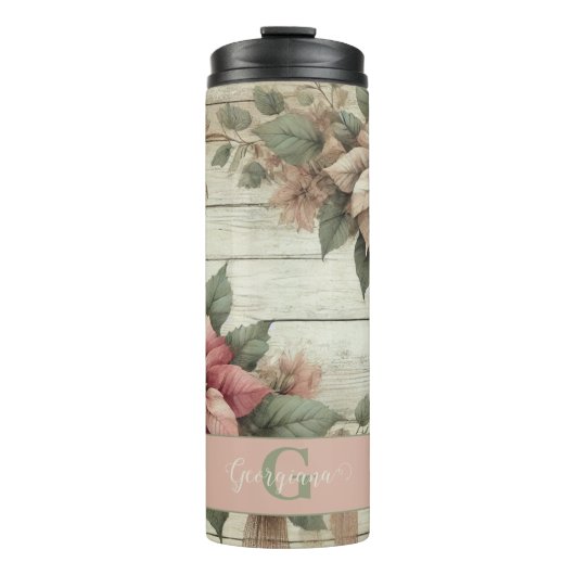 Aangepaste naam Shabby Chic Pastel Poinsettias Gar Thermosbeker (Voorkant)