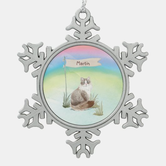 Aangepaste naam Siberian Cat Pet Tin Sneeuwvlok Ornament (Voorkant)