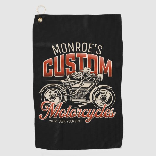 Aangepaste NAAM Skelet Motorfiets Winkel Golfhanddoek (Voorkant)