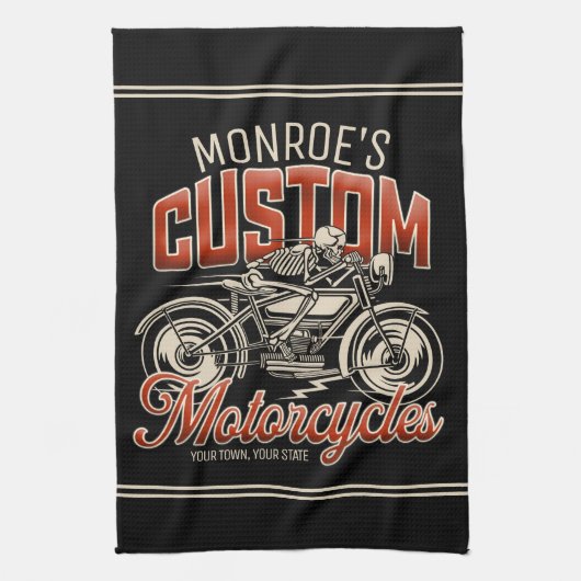 Aangepaste NAAM Skelet Motorfiets Winkel Theedoek (Verticaal)