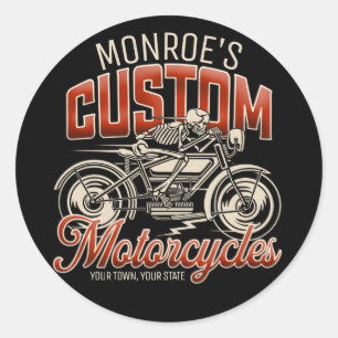 Aangepaste naam Skeleton Motorcycle Winkelen Ronde Sticker