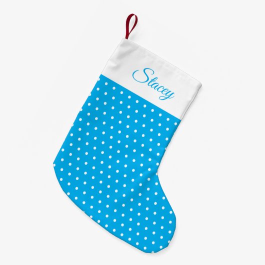 Aangepaste naam Sky Blue en White Polka Dot Kleine Kerstsok (Voorkant (Hangend))