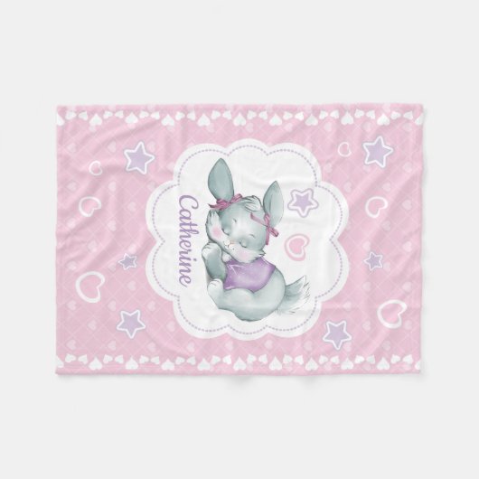 Aangepaste naam Sleeping Bunny in roze en paars Fleece Deken (Voorkant (Horizontaal))