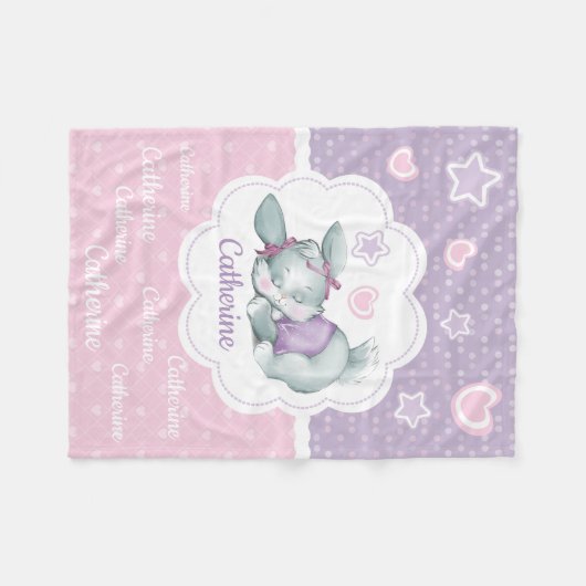 Aangepaste naam Sleeping Bunny in roze en paars Fleece Deken (Voorkant (Horizontaal))