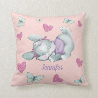 Aangepaste naam Sleeping Bunny in roze en paars Kussen