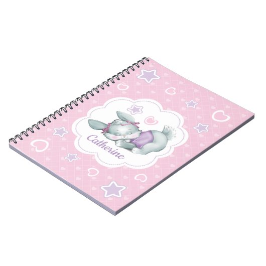 Aangepaste naam Sleeping Bunny in roze en paars Notitieboek (Linkerzijde)
