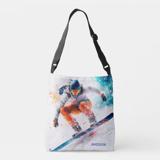 Aangepaste naam Snowboarder Illustratie Crossbody Tas (Achterkant)