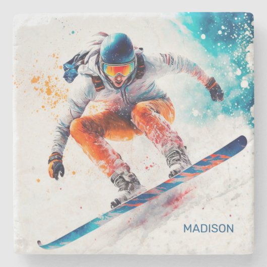 Aangepaste naam Snowboarder Illustratie Stenen Onderzetter (Voorkant)