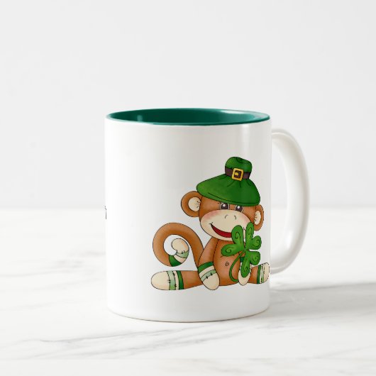 Aangepaste naam Sock Monkey St. Patrick's Day Tweekleurige Koffiemok (Voorkant rechts)