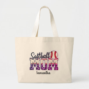 Aangepaste naam Softball mama   Roze en goudpokken Grote Tote Bag